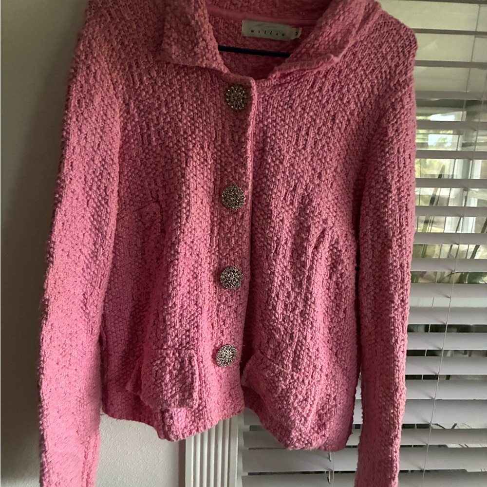 Willow Pink Textured Bouclé Sweater Jacket with Decorative Buttons